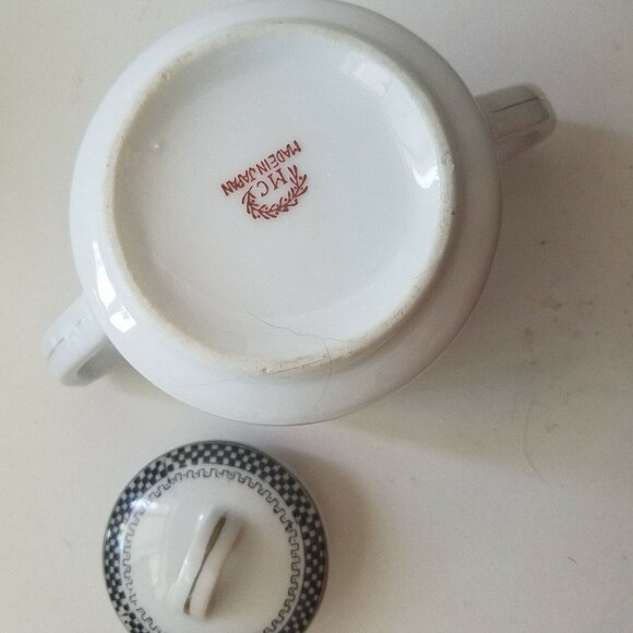 Sugar Bowl MC Made in Japan White Black Checkerboard pattern Gold Trim Handles - Picture 10 of 12